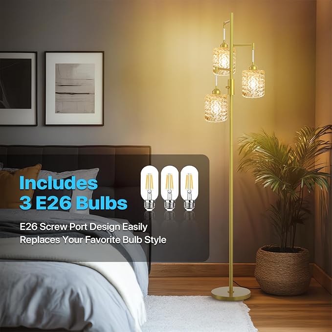 Gold Floor Lamp for Living Room Bedroom, 3-Light Vintage Standing Lamp Stained Glass, Mid Century Modern Tall Floor Lights, Amber Glass Shade with Golden Base-Ruum Studio Home