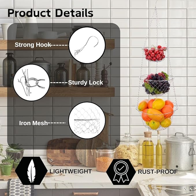 IBERG 3-Tier Fruit Basket Hanging Baskets for Storage - Kitchen Bathroom Organizer (Chrome)-Ruum Studio Home