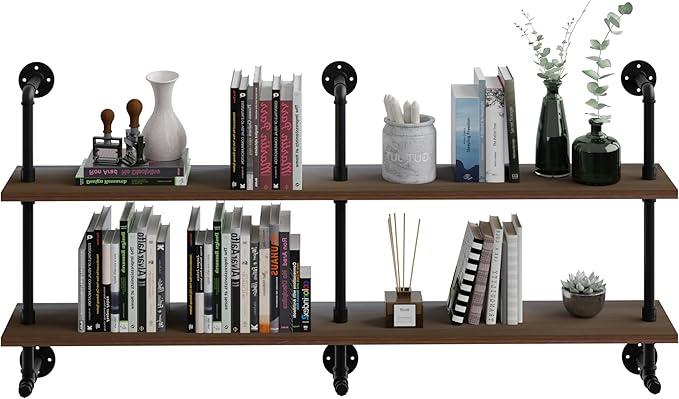 Industrial Pipe Wall Shelves Pipe Shelving with Real Wood Plank ,60 Inches Floating Shelves for Wall Farmhouse Pipe Book Shelves Dark Brown 2 Tier for Kitchen,Living Room Decor and Bar Shelving-Ruum Studio Home