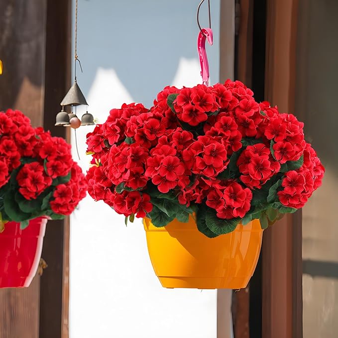 Hananona 12 Bundles Artificial Geranium Flowers for Outdoors Silk Geranium Flowers Outdoor UV Resistant Garden Plants Faux Flower for Home Kitchen Table Centerpieces Decor (12, Red)-Ruum Studio Home