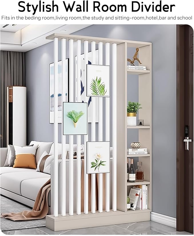 Wall Room Divider, Storage Cabinet Storage Display with Shelves, Modern Freestanding Wood Room Divider Screen, Wall Privacy Screens for Home Decorative (Beige+White,43.3" L x 9.5" W x 79.5" H)-Ruum Studio Home