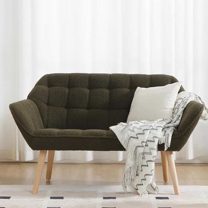48”Small Loveseat Sofa, Modern Sherpa Upholstered Mini Couch 2-Seater Fluffy Love Seat with Quilting Backs and Wood Legs for Small Space, Living Room, Bedroom, Green-Ruum Studio Home