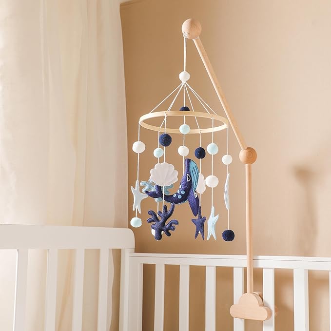 Baby Crib Mobile for Boys Girls - Ocean Animals Mobile for Crib, Gender Neutral Nursery Mobile, Baby Bassinet Mobile Toy for Soothing Sleep | Ceiling Mobile - Blue Whale, Shell, Coral, Starfish-Ruum Studio Home