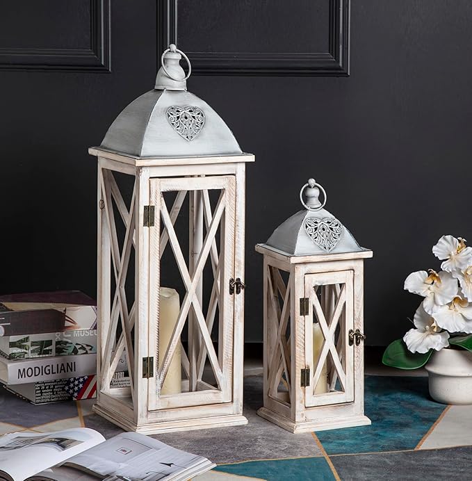 Set of 2 Large Farmhouse Wooden Metal Lanterns, Rustic Decorative Floor Candle Lanterns, Whitewash Distressed Hanging Lanterns for Home Decor (No Glass)-Ruum Studio Home