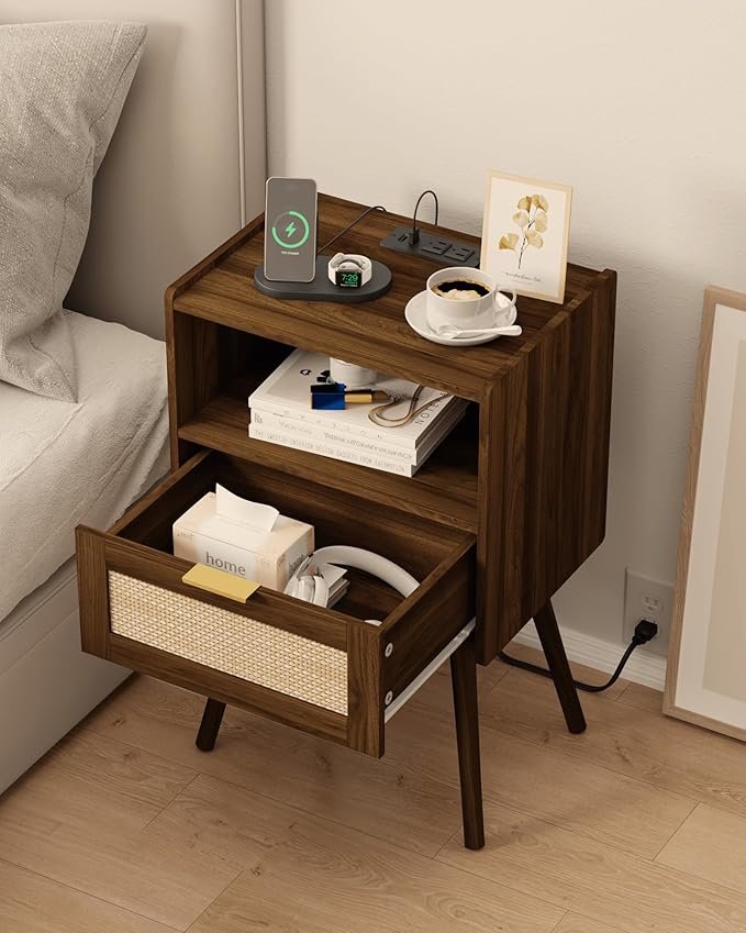 Rattan Nightstand with Outlet,Modern Bedside Table with Storage Drawer and Open Wood Shelf, for Living Room, Bedroom and Small Spaces, Accent Night Stand with Solid Wood Legs,Walnut Brown-Ruum Studio Home