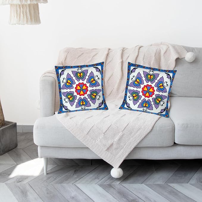 Embroidered Decorative Throw Pillow Cover, 18"x18" Set of 2, Farmhouse Pillowcase Purple Butterfly Knit Pattern Cotton Canvas Cushion Case Square Floral Pillow Case for Sofa Couch Bed Living Room-Ruum Studio Home