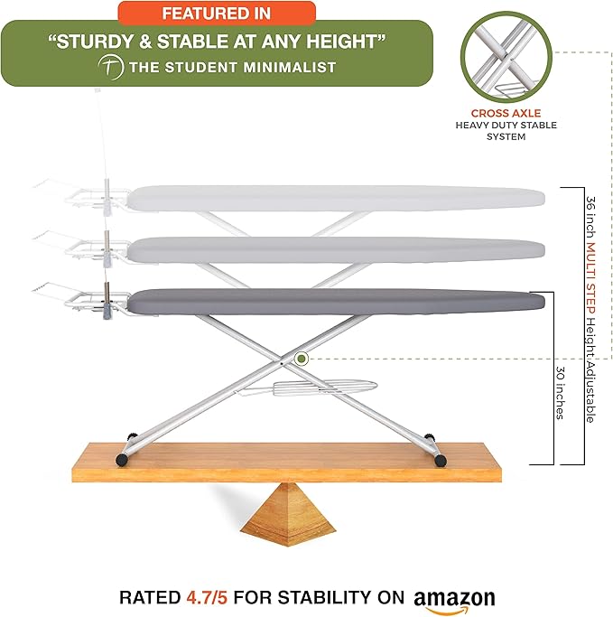 Xabitat Full Size Ironing Board 57" X 15" with Wall Mount Hanger, Full Metal Construction Iron Board, Built in Iron Caddy, Heat & Scorch Resistant Fabric, Cord Holder, Anti-Skid Feet, Heavy Duty-Ruum Studio Home