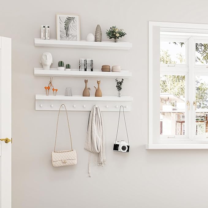 MBYD White Floating Shelves for Wall with Hooks, Nursery Book Shelves for Kids Room, 36 Inch Wall Mount Bookshelf for Living Room Bedroom Bathroom Kitchen, Hanging Picture Ledge Shelf Set of 3-Ruum Studio Home