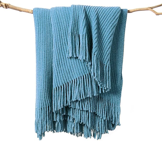 lifein Throw Blanket for Couch, Soft Boho Decor Bed Throw,Cozy Blue Chenille Knitted Small Farmhouse Lightweight Throw for Spring(Sky Blue,60 * 80")-Ruum Studio Home
