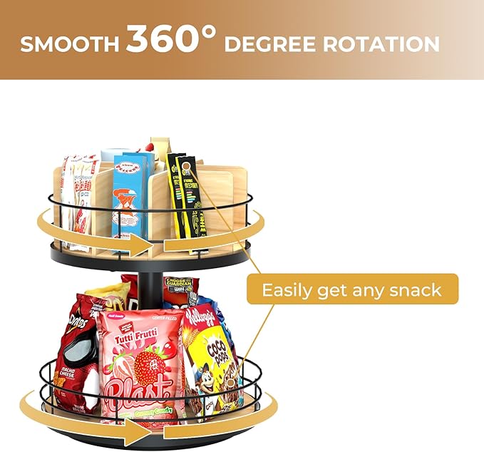 Snack Organizer - Versatile Snack Storage 2 Tier Lazy Susan with Convenient Grab-and-Go Design, Wood and Metal Snack Holder for Home, Office, Breakroom, 12.13" L x 12.13" W x 12.56" H-Ruum Studio Home