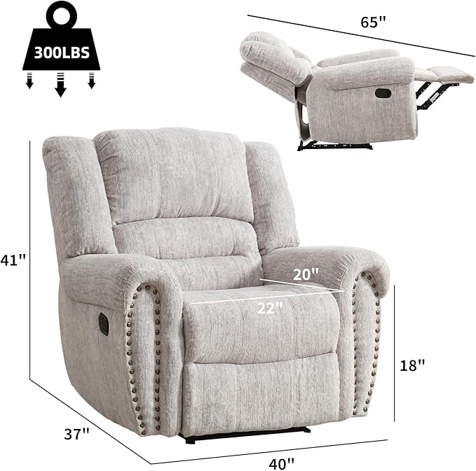 CANMOV Manual Recliner Chair, Classic and Traditional Manual Recliner Chair with Comfortable Arms and Back Single Sofa for Living Room, White Grey-Ruum Studio Home