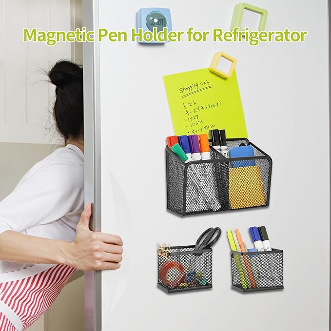 Neudeco Locker Shelf Organizer, Magnetic Pencil Holder, Metal Storage Basket for Whiteboard, Refrigerator, Ideal Cabinet for School, Black (Pack 3L)-Ruum Studio Home
