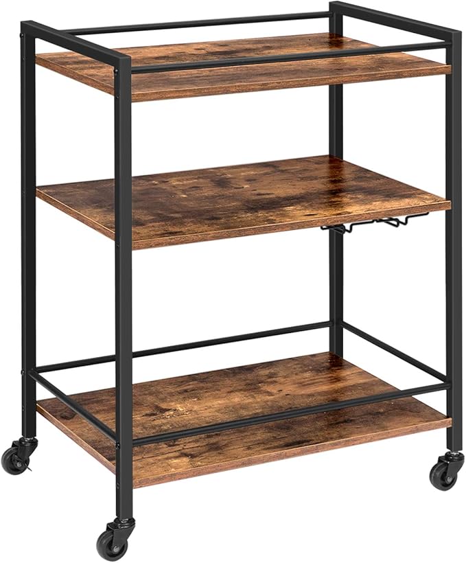 HOOBRO Bar Cart for The Home, Serving Cart with Wine Glass Hooks, Rolling Kitchen Cart with Lockable Wheels, 25.2 x 15.7 x 33.3 Inches Beverage Cart with Storage Shelves, Rustic Brown BF02TC01-Ruum Studio Home