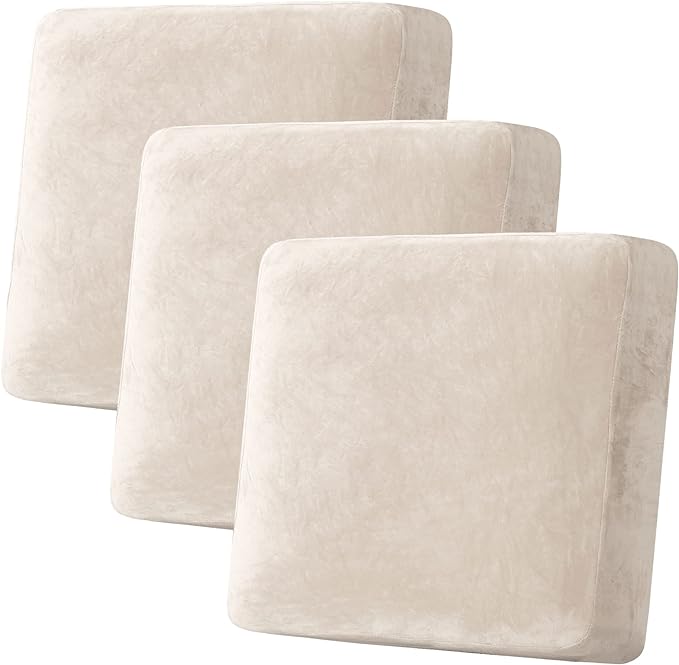 H.VERSAILTEX Velvet Stretch Couch Cushion Cover Plush Cushion Slipcover for Chair Loveseat Sofa Cushion Furniture Protector Seat Cushion Sofa Cover (3 Piece XL Sofa Cushion Covers, Ivory)-Ruum Studio Home