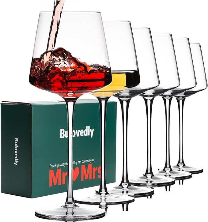 White Red Wine Glasses Set of 6 – 18oz Red Wine Glasses with Tall Long Stem,【Hand Blown】Crystal Wine Glasses- Square Wine Glasses with flat bottom, Wine gifts for Christmas, Wedding, Birthday,-Ruum Studio Home