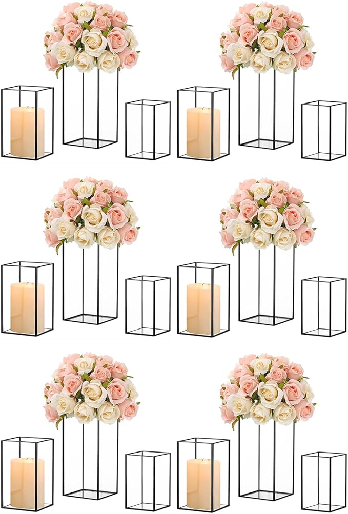 Hewory Glass Hurricane Candle Holder Set of 18, Black Large Hurricane Centerpiece for Table, Tall Floor Square Pillar Candle Holders Lantern Set for Wedding, Anniversary, Party, Fireplace, Dining Room-Ruum Studio Home