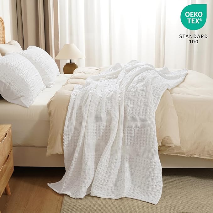 PHF 100% Cotton Waffle Weave Throw Blanket, Soft Lightweight Breathable Cozy Summer Throws for Couch Bed Sofa, Luxury Aesthetic Woven Blanket for Home Decor & Office, 50"x60", White-Ruum Studio Home