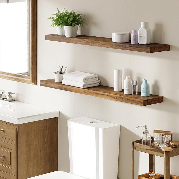 BAMEOS Floating Shelves,40 in W x 7in D Wall Mounted Wooden Shelves with Invisible Brackets Set of 2, Hanging Wall Shelves Decoration for Bedroom, Bathroom, Living Room and Kitchen,Rustic Brown-Ruum Studio Home