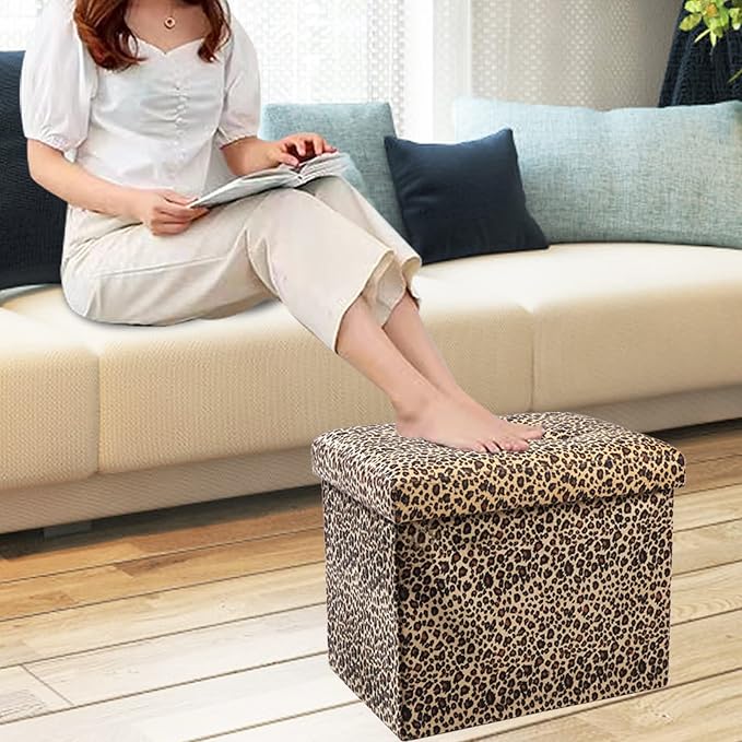 ALASDO Ottoman Storage Ottoman Footrest Stool Small Ottoman with Storage Foldable Ottoman Foot Rest Footstool Bench for Living Room 17x13x13inches Leopard Print-Ruum Studio Home