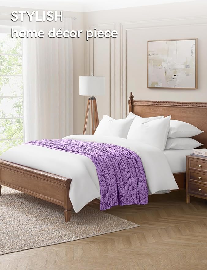 YnM Chunky Cotton Knit Throw Blanket, Cable Knit Throws for Bed Couch Sofa, Comfy & Relaxing, Decorative Piece for Farmhouse Modern Boho Rustic Scandinavian Chic Vibe, Lilac Purple 50x60 Inches-Ruum Studio Home