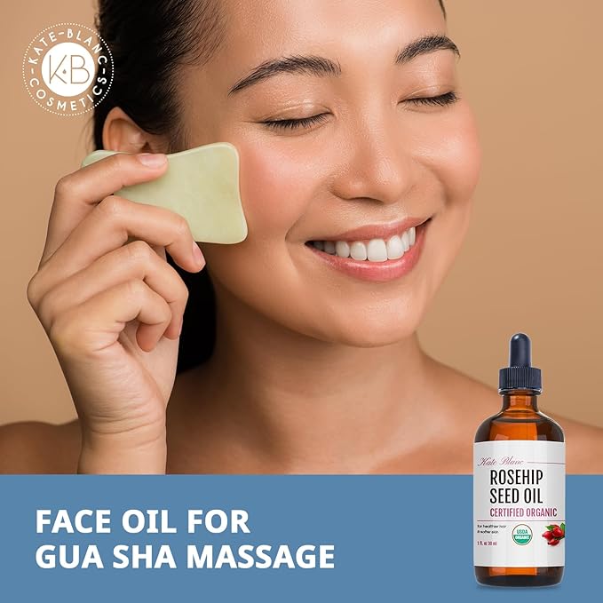 Kate Blanc Cosmetics Rosehip Oil for Face & Softer Glowing Skin (1oz, Organic, Pure, Cold Pressed) Rosehip Seed Face Oil for Facial & Gua Sha Massage-Ruum Studio Home