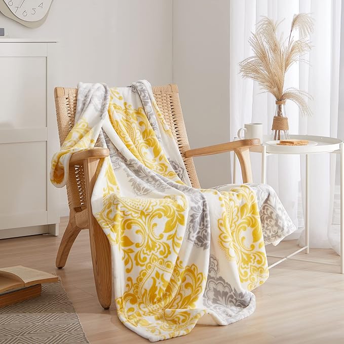 CASAAGUSTO Boho Throw Blanket - Yellow and Gray Damask Decorative Blankets with Tassel, Printed Flannel Bohemian Blanket for Chair, Bed, Sofa, Couch(50 * 60, Yellow and Gray Damask)-Ruum Studio Home