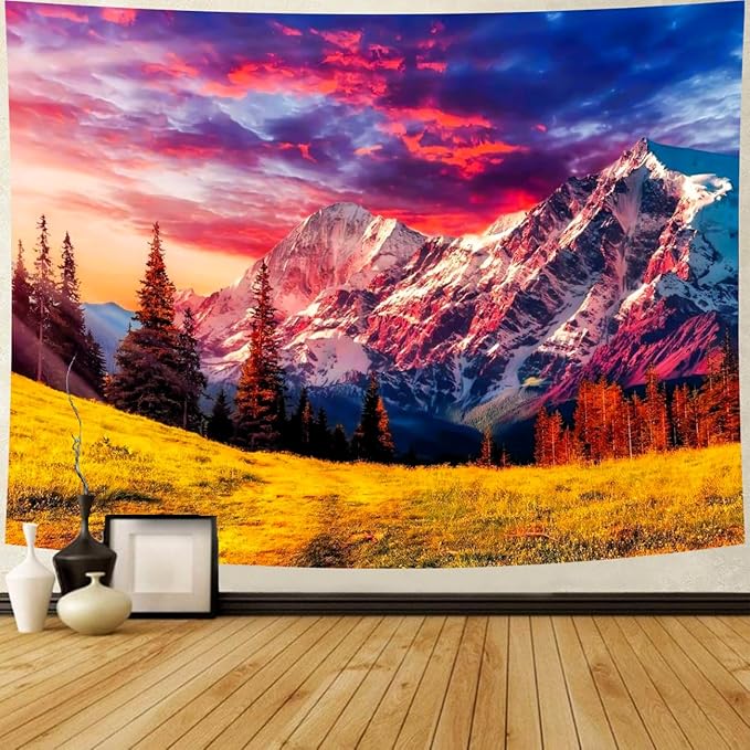 Delur Mountain Tapestry Sunset Forest Tree Nature Tapestry Wall Hanging Sunrise Psychedelic Scenic Landscape Headboard for Bedroom Living Room Home Decor (59.1" x 78.7")-Ruum Studio Home