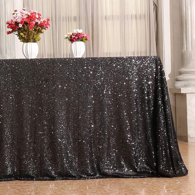 SquarePie Sequin Tablecloth 90 x 156 Inch Black Sparkly Table Linen for Wedding Halloween Party-Ruum Studio Home