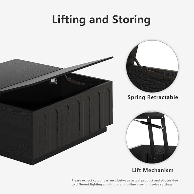 Lift Top Coffee Table with Storage, Modern Coffee Table with Arched Design, 31.5" Square Tea Table with Wood Grain, Minimalist Multifunctional Center Table for Living Room, Office, Black-Ruum Studio Home