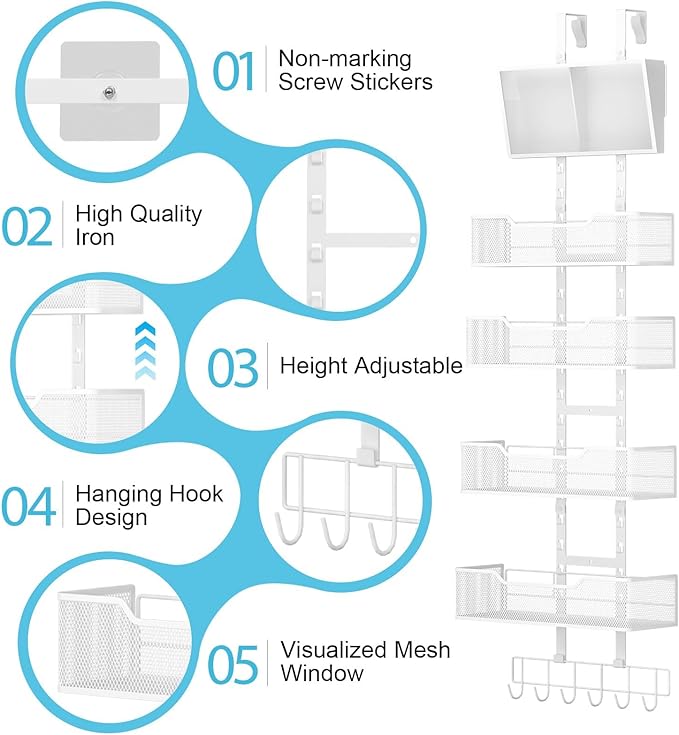 Adjustable Over The Door Organizer, Hanging Door Storage with PVC Pocket and 4 Metal Baskets Wall Mount, Closet Door Organizer Behind Door Rack for Bathroom Bedroom Closet, White-Ruum Studio Home