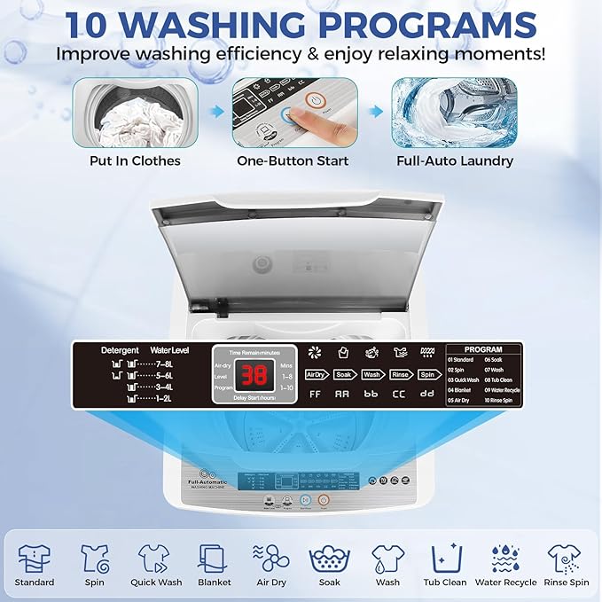 Nictemaw Portable Washing Machine, 20Lbs Capacity Full-Automatic Portable Washer Machine, 2.8Cu.ft Washer and Dryer Combo with 10 Programs 8 Water Levels for Apartment, Dorms, RV-Ruum Studio Home