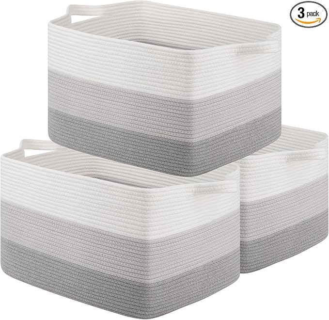 OIAHOMY Rectangle Woven Storage Basket - Nursery Cotton Rope Baskets for Storage, Toy Basket Organizing for Living Room, 17.7"x13.8"x11"- Pack of 3 - Gradient Gray-Ruum Studio Home