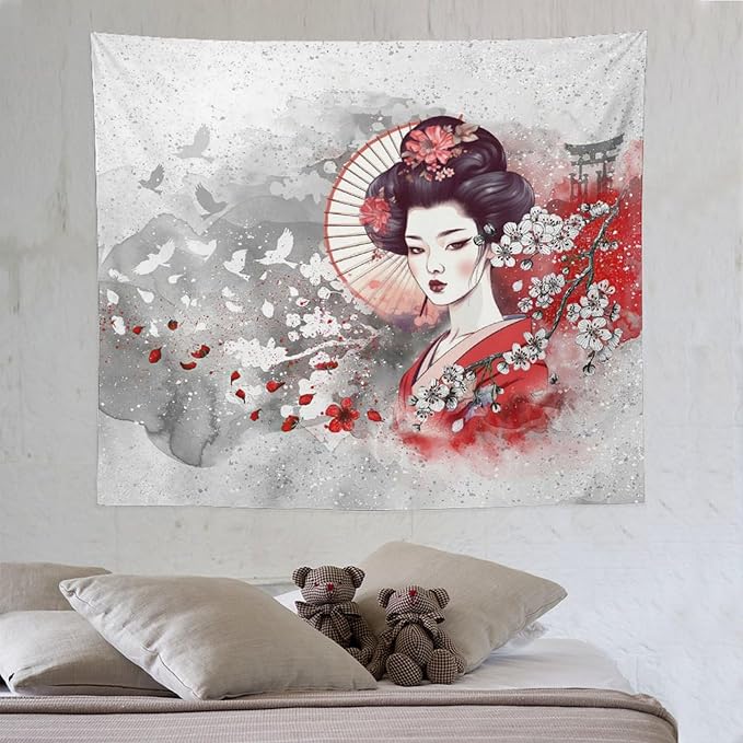 Japanese Geisha Tapestry Asian Red Cherry Blossom Traditional Kimono Folk Tapestries Home Decor for Living Room Bedroom Apartment Farmhouse Dorm 60"x50"-Ruum Studio Home