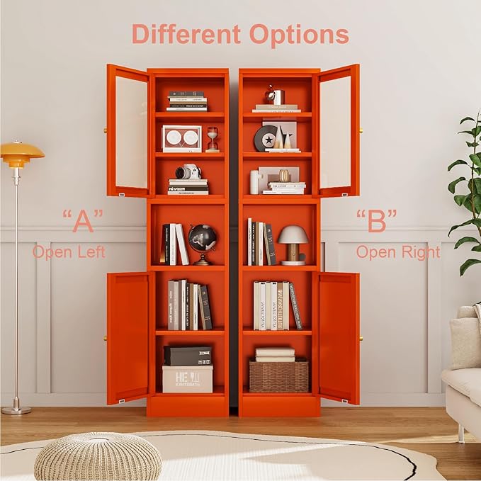 67" Tall Bathroom Storage Cabinet, Narrow Metal Floor Cabinet with Glass Door and Adjustable Shelves, Freestanding Metal Locker for Laundry, Kitchen, Dining Room-Ruum Studio Home