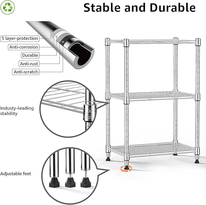 450 lbs Wire Storage Shelving 3-Tier Utility Shelving Unit Steel Organizer Wire Rack for Home,Kitchen,Office,Chrome(11.8" D x 17.7" W x 26.4" H)-Ruum Studio Home