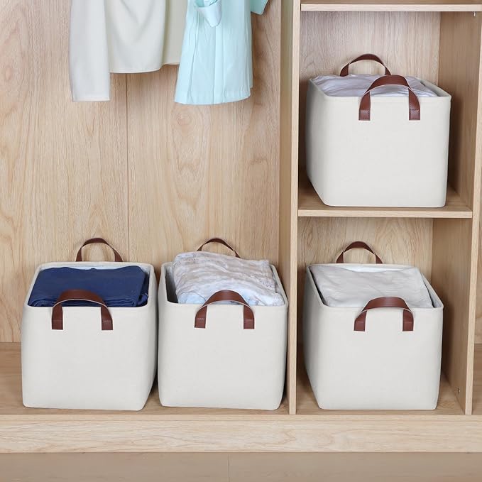 KEEGH Storage Baskets for Organizing, Fabric Storage Bins with Leather Handles, Shelf Baskets for Closet Organization, 15" L x 11" W x 10" H, White, 4 Pack-Ruum Studio Home