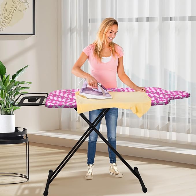 Extra Large Ironing Board with Hang Rail and Iron Rest 63" L x 20" W (Large with Iron Rest (Pink Cover))-Ruum Studio Home