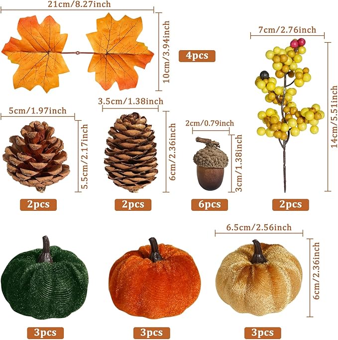 Artmag Fabric Pumpkins Set Decor, 25 PCS Fall Artificial Maple Leaves, Harvest Pumpkins, Acorns, Pine Cones and Orange Berry Stems Decorations for Fall Thanksgiving Table Home-Ruum Studio Home
