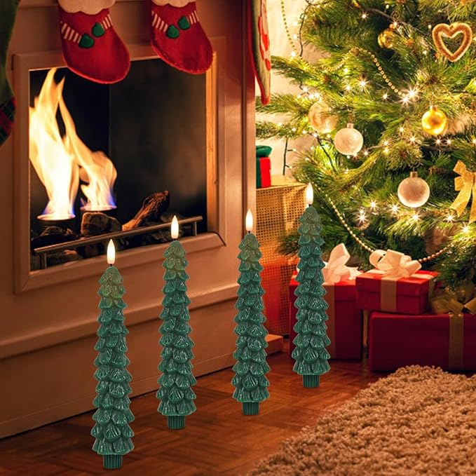 GenSwin Christmas Tree Flameless Taper Candles with Remote Timer, Christmas LED Taper Candles with 3D Flame, 4 Pcs Green LED Candlesticks for Christmas Home Decoration(0.78” x 9.8”)-Ruum Studio Home