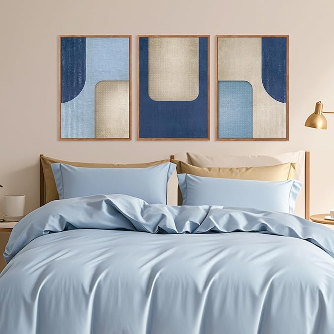 KAIRNE Blue Modern Abstract Canvas Wall Art,Neutral Prints Set of 3(16”X24”),Simple Design Wall Decor,Boho Minimalist Paintings,Blue and White Geometry Pictures for Living Room Bedroom Office Decor-Ruum Studio Home