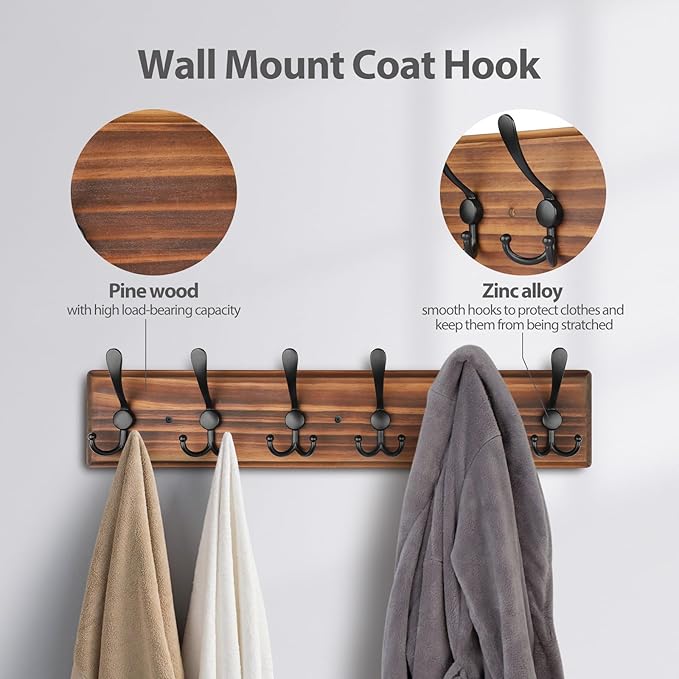 Coat Rack Wall Mount, Wooden Heavy Duty Coat Rack for Wall,6 Triple Coat Hanger Hooks for Hanging Coats,Jacket,Hat,Clothes (Brown, 6 Hooks)-Ruum Studio Home
