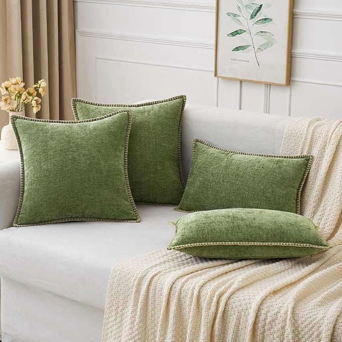 MIULEE Pack of 2 Couch Throw Pillow Covers 12x20 Inch Sage Green Farmhouse Decorative Pillow Covers with Stitched Edge Soft Chenille Solid Dyed Spring Pillow Covers for Sofa Bed Living Room-Ruum Studio Home