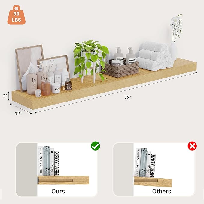 Heimlove 12 Inch Deep Floating Shelves, 72 x 12 inches Long Wall Shelf, Large Extra Display Shelf & Storage Shelf, Rustic Wood Wall Shelves for Fireplace Mantel, Oak - 1Pack-Ruum Studio Home
