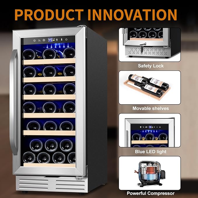 15 Inch Wine Fridge 32 Bottles Wine Cooler Refrigerator Undercounter Wine Fridge with Glass Door, LED Light, Removable Wooden Shelves, Built-in or Freestanding Wine Refrigerator for Home Office Bar-Ruum Studio Home