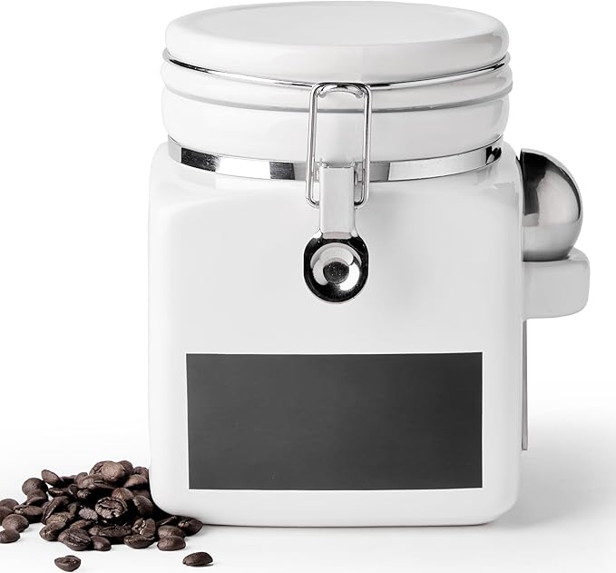 Ceramic Coffee Canister with Airtight Lid and Scoop, Large 74 Fl Oz / 2.2 L Kitchen Food Storage Container Jar for Grounds Coffee, Beans, Tea, Sugar, Flour, Cereal, Nuts, Cookie, White-Ruum Studio Home