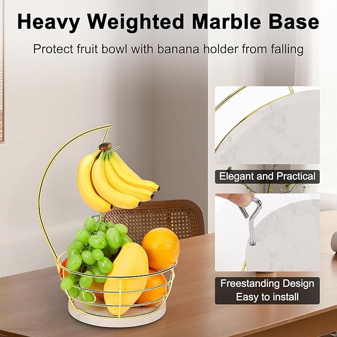 Livabber Countertop Fruit Basket Bowl with Banana Hanger, Modern Standing Fruit Vegetable Bowl Storage, with Banana Tree Holder for Kitchen Dinning Table (Round Marble, Gold)-Ruum Studio Home