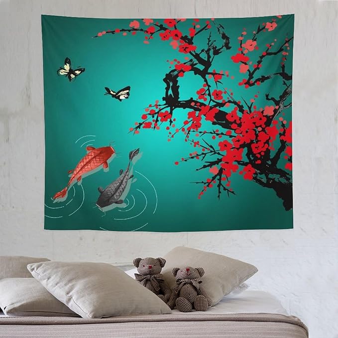 Houselerax Japanese Koi Fish Tapestry, Cherry Blossoms Asian Oriental Green Teal Floral Branch Koi Fish Carp Tapestries Wall Hanging for Bedroom Living Room Office Decor 60"x50"-Ruum Studio Home