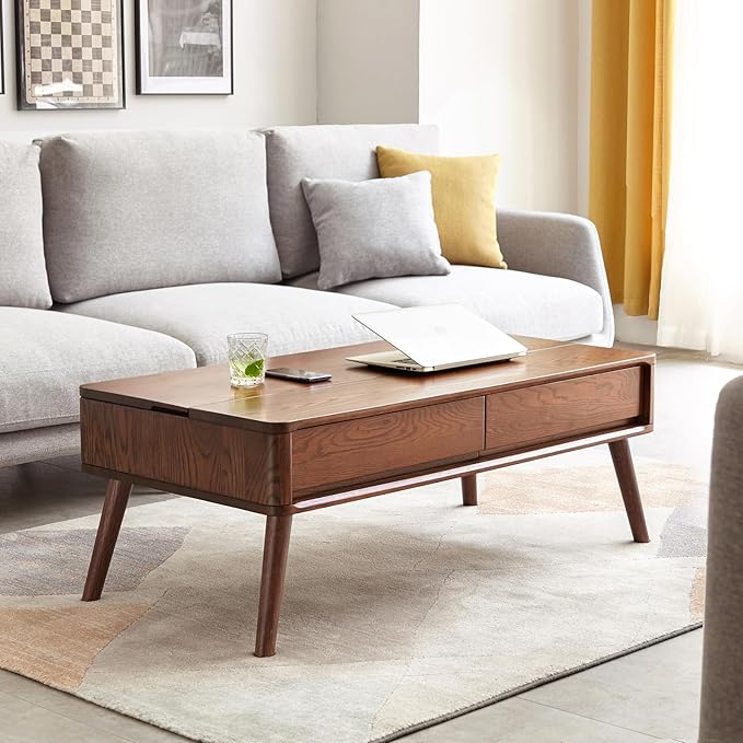 100% Solid Wood Lift Top Coffee Table for Living Room, Mid Century Modern Tables with Drawers and Large Storage, Oak Wood Coffee Tables for Small Spaces (Oak Walnut Color, 47.24"W x 23.62"D x 25.59"H)-Ruum Studio Home