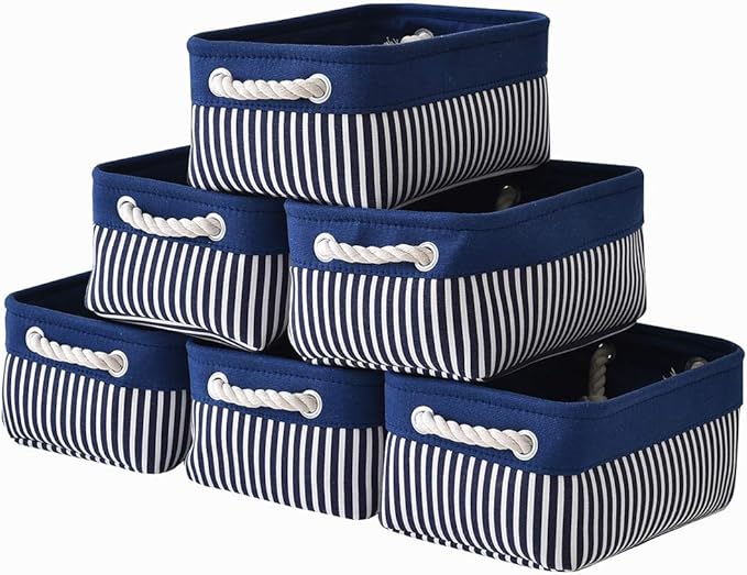 TcaFmac Small Storage Baskets [6 Pack] - Navy Blue Rectangular Storage Bins with Blue Stripes-Ruum Studio Home