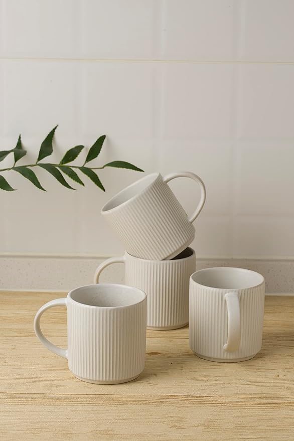 famiware Coffee Mug Set for 4, Star 12 oz Catering Mugs Cup Set with Handle for Coffee, Tea, Cocoa, Milk - Ceramic Stoneware Drinkware Set, Matte White-Ruum Studio Home